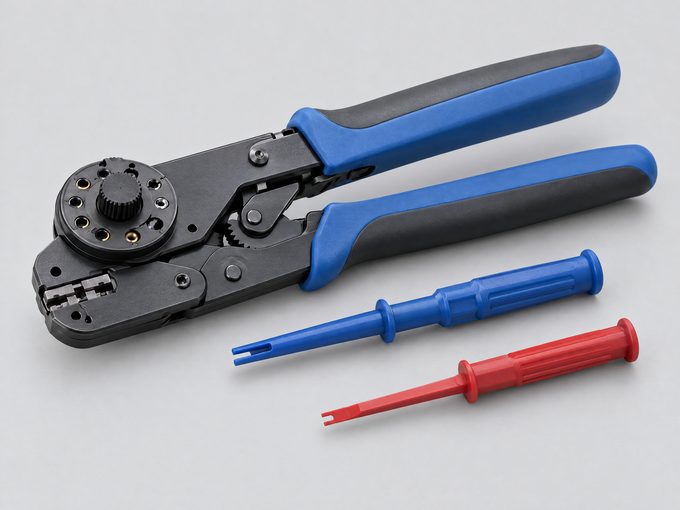 Crimp tool with positioner and insertion tools